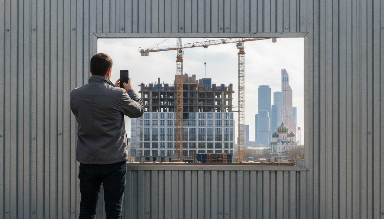 Как проверить застройщика: покупатель у ограждения стройки смотрит на новостройку