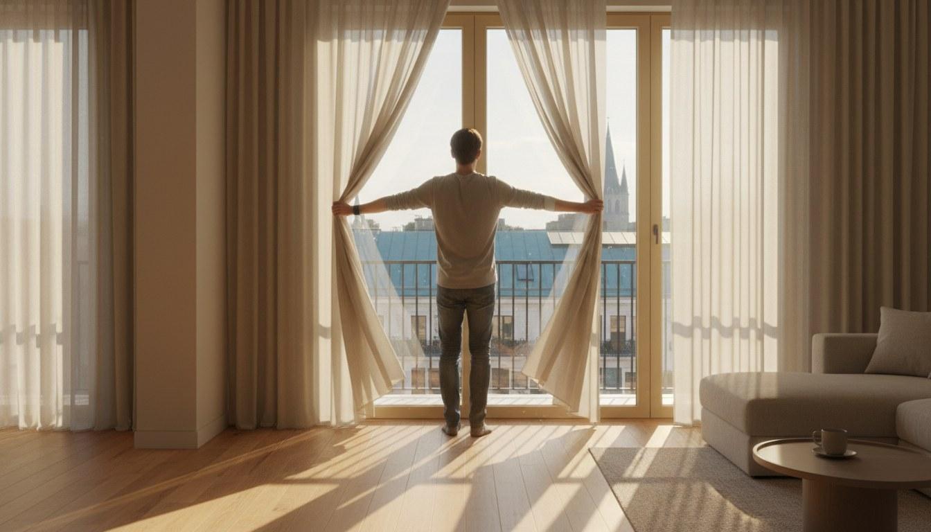 Открывают шторы в светлой квартире - продажа квартиры в ипотеке