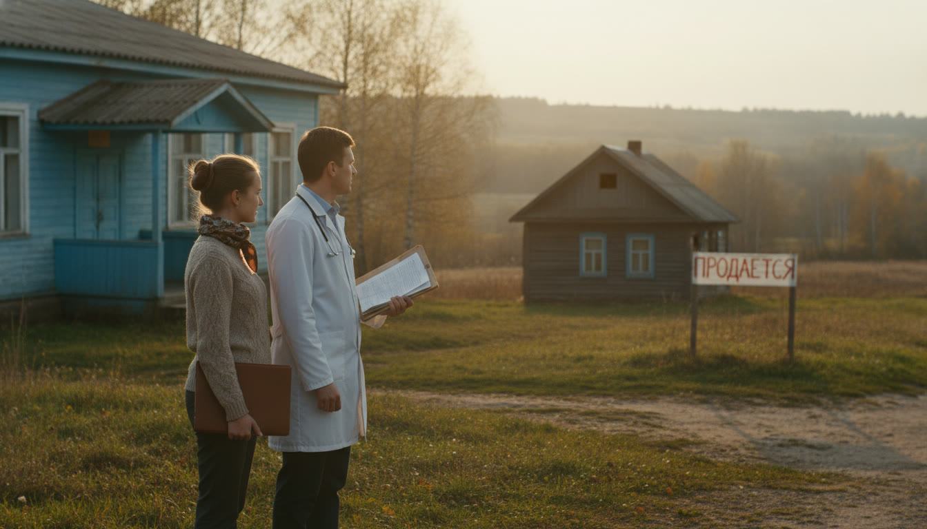 Врач и учительница с папками документов смотрят на продающийся дом в сельской местности.